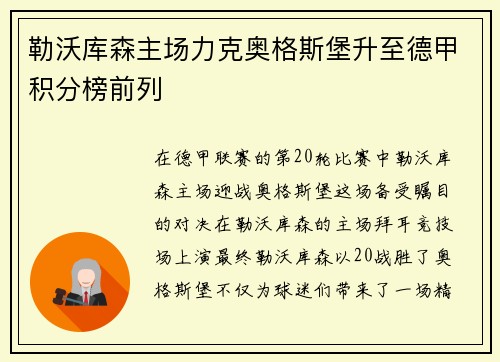 勒沃库森主场力克奥格斯堡升至德甲积分榜前列