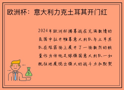 欧洲杯：意大利力克土耳其开门红