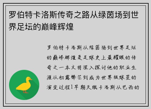 罗伯特卡洛斯传奇之路从绿茵场到世界足坛的巅峰辉煌