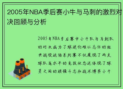 2005年NBA季后赛小牛与马刺的激烈对决回顾与分析