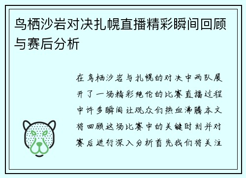 鸟栖沙岩对决扎幌直播精彩瞬间回顾与赛后分析
