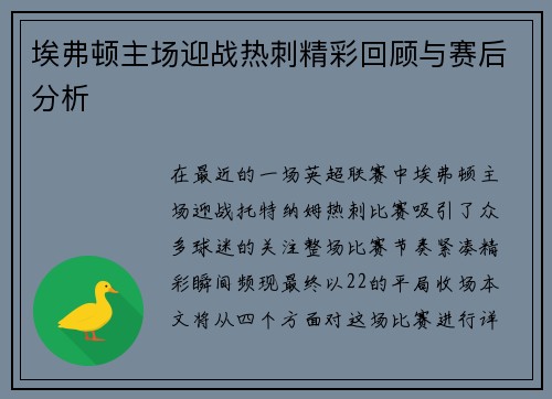 埃弗顿主场迎战热刺精彩回顾与赛后分析