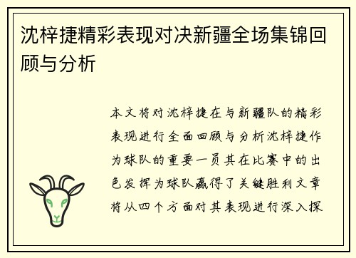 沈梓捷精彩表现对决新疆全场集锦回顾与分析