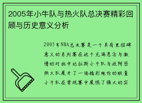 2005年小牛队与热火队总决赛精彩回顾与历史意义分析